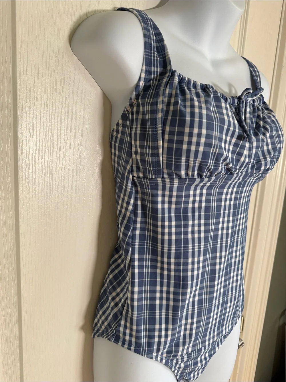 Kona Sol Blue Plaid One Piece Swimsuit Ruched Tie Front Size Medium
